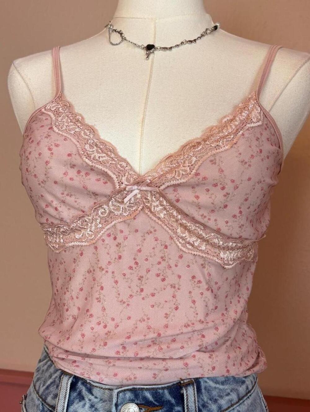 fairy pink lace top floral bow sz small pink rose cottage soft coquette summer